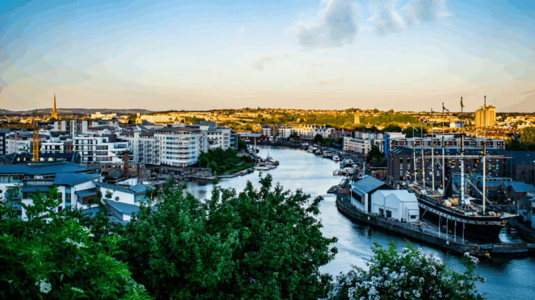 A wide-angle, elevated shot of Bristol's floating harbour and city skyline.