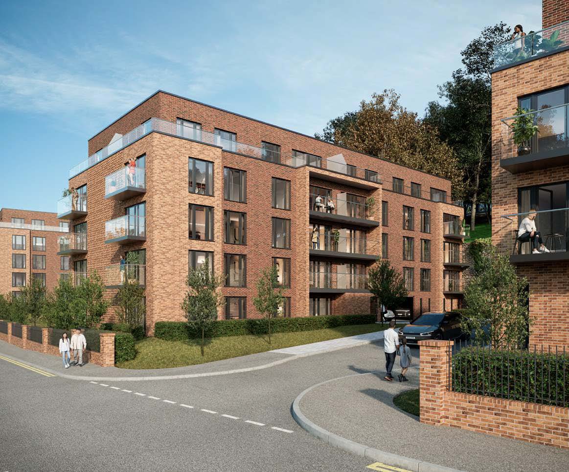 Red-brick apartment blocks with tiered balconies and landscaped grounds.
